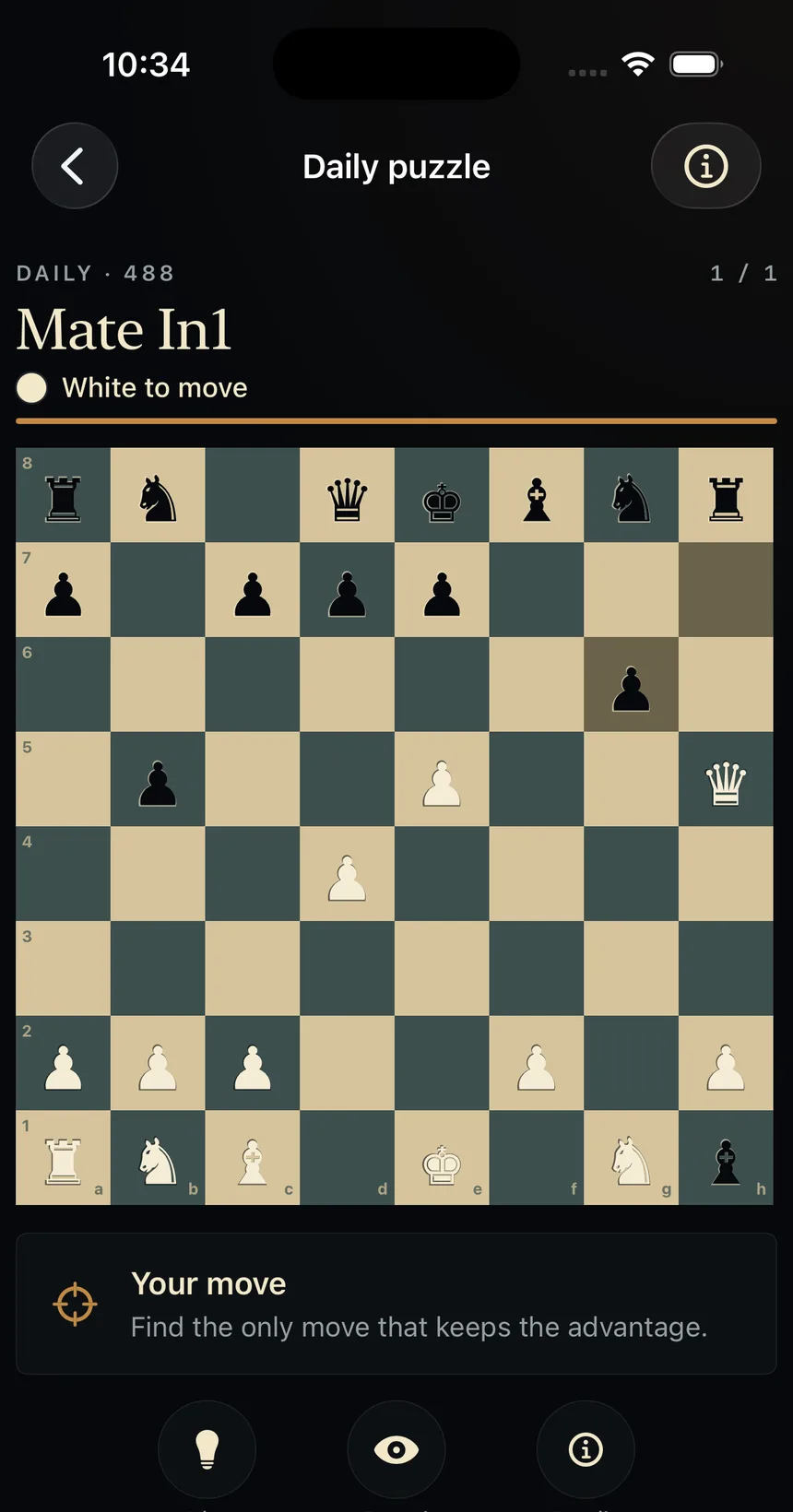 A daily chess puzzle with the full board, hint controls, and a clear objective