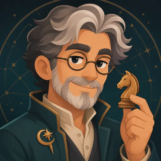 Professor Orin holding a chess knight